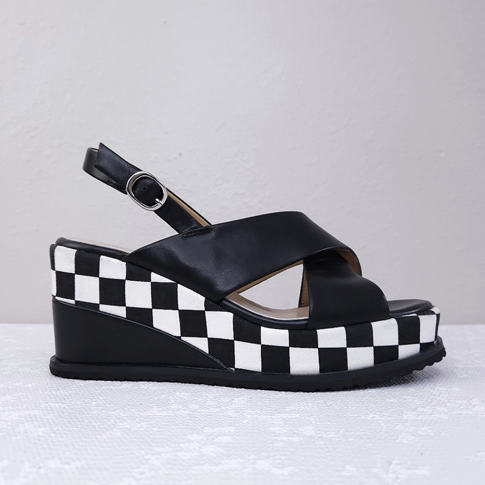 Black Check-Pattern Wedge Sandals *FIT SMALL* - Picture 3 of 12